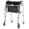 Height adjustable aluminum walker with rolling wheels, brakes, and ergonomic backrest for stability and support.