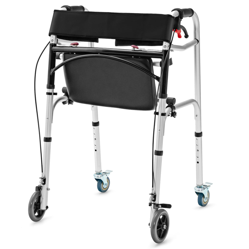 Height adjustable aluminum walker with rolling wheels, brakes, and ergonomic backrest for stability and support.