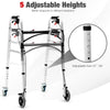 Height adjustable aluminum walker with rolling wheels, featuring 5 height settings from 31"-35" for versatile use.