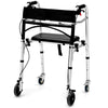 Height adjustable aluminum walker with rolling wheels, showcasing a side view with a comfortable seat and sturdy frame.