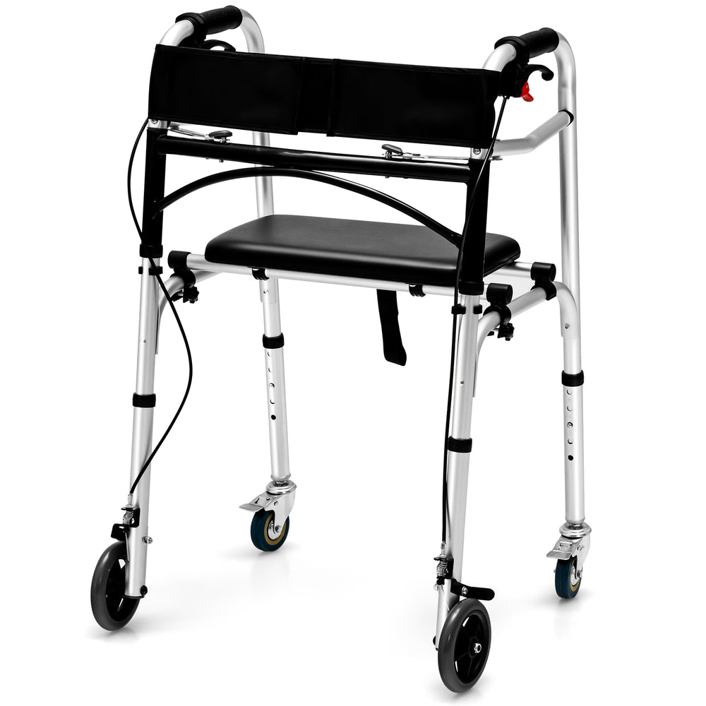 Height adjustable aluminum walker with rolling wheels, showcasing a side view with a comfortable seat and sturdy frame.