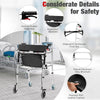 Height adjustable aluminum walker with rolling wheels, ergonomic backrest, and brakes for safety and stability.