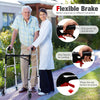Height adjustable aluminum walker with rolling wheels and brakes, featuring ergonomic backrest and removable cushions.