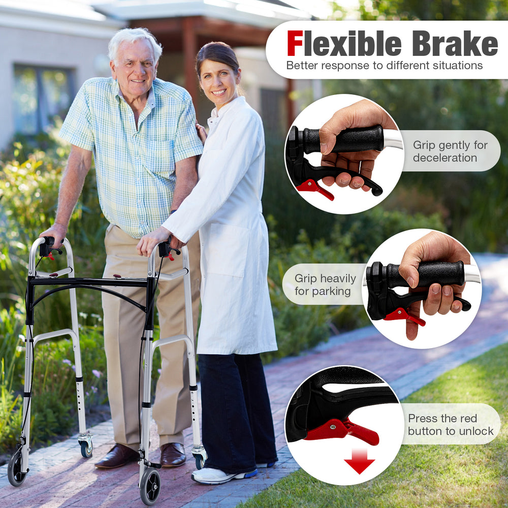 Height adjustable aluminum walker with rolling wheels and brakes, featuring ergonomic backrest and removable cushions.