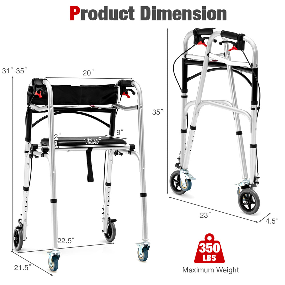 Height adjustable aluminum walker with rolling wheels, brakes, and ergonomic backrest, supporting up to 350 lbs.