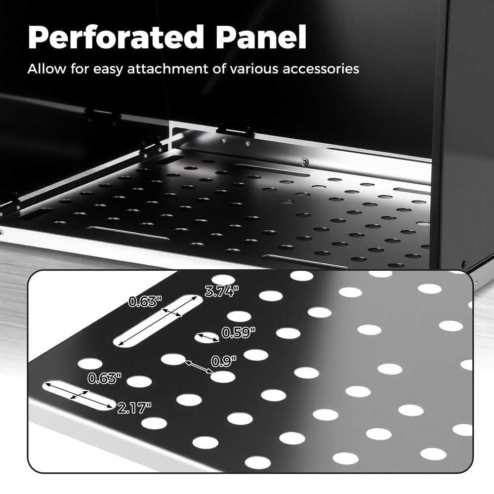 Perforated panel of a folding welding table, featuring 8 tool slots and fixture holes for versatile accessory.