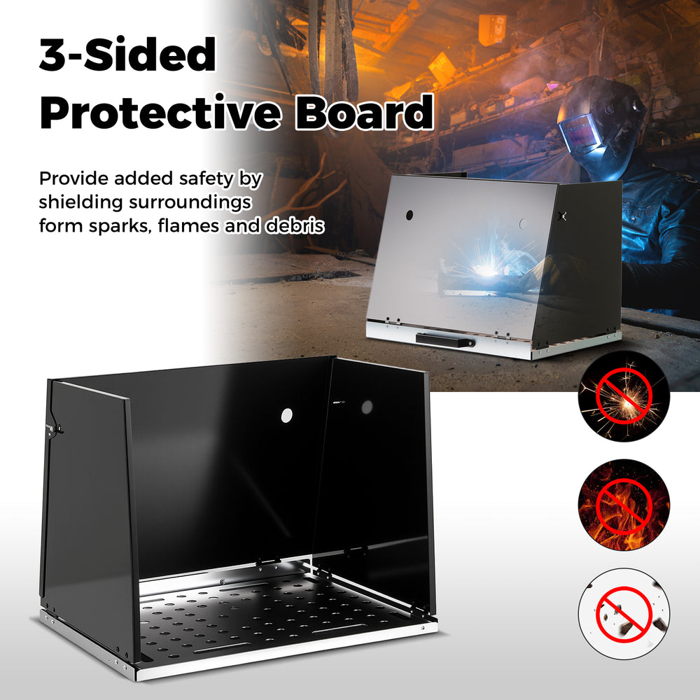 3-sided protective board for welding table, made of high-temp resistant galvanized metal, enhances safety during.