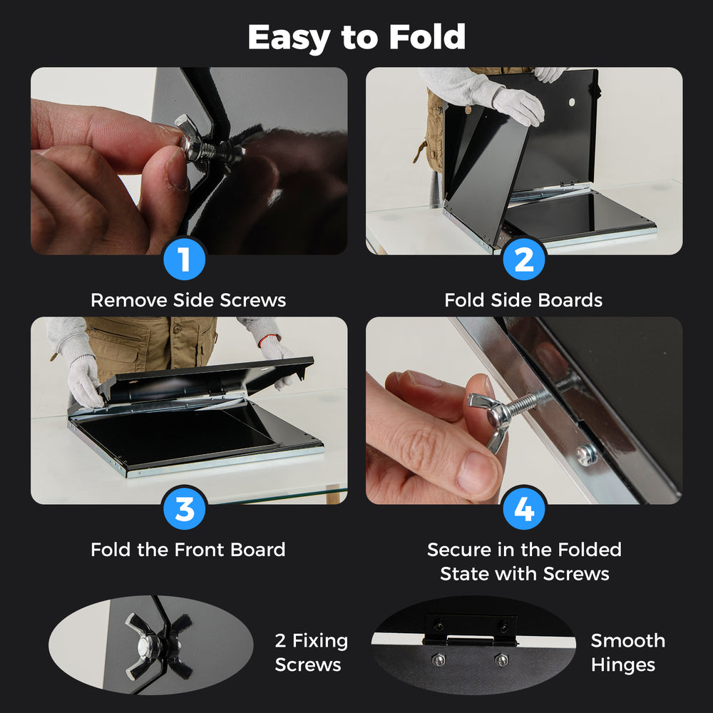 Folding welding table accessories showing easy folding steps with perforated panel for versatile workspace organization.