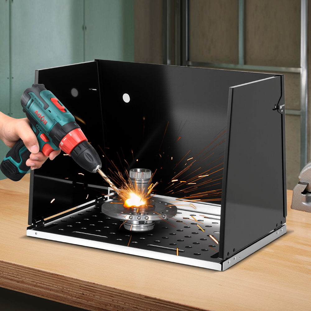 Folding welding table accessories with perforated panel, featuring tool slots and protective board for workspace.