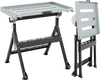 Folding welding table in black with 4-level height adjustment and tiltable tabletop for efficient workspace.