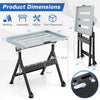 Folding welding table with adjustable height, tool slots, and fixed wheels for efficient workspace organization.