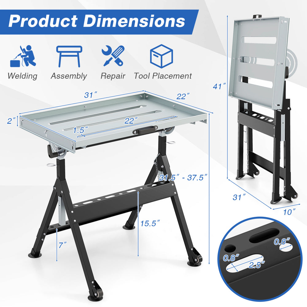 Folding welding table with adjustable height, tool slots, and fixed wheels for efficient workspace organization.