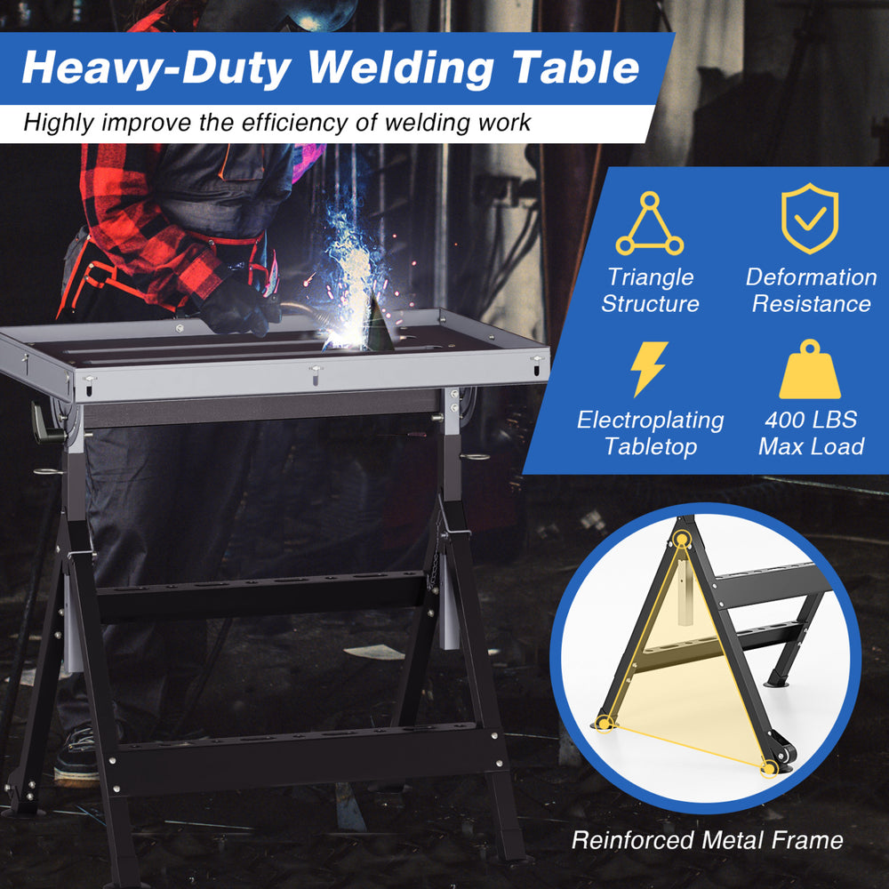 Folding welding table with 4-level height adjustment, 400 lbs capacity, and 2 fixed wheels for easy mobility.