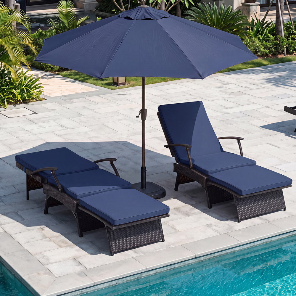 Navy folding wicker chaise lounge with slide-out ottoman and 11-level adjustable backrest for outdoor relaxation.