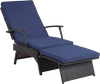 Folding wicker chaise lounge in navy features an 11-level adjustable backrest and slide-out ottoman for outdoor relaxation.