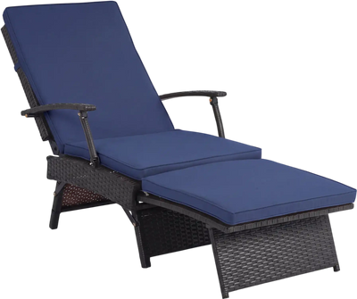 Costway Folding Wicker Chaise Lounge Slide-Out Ottoman Adjustable Backrest 80212459 New