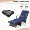Folding wicker chaise lounge with slide-out ottoman, navy PE rattan, and adjustable backrest for outdoor relaxation.