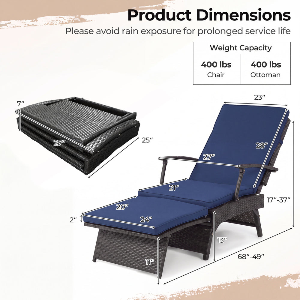 Folding wicker chaise lounge with slide-out ottoman, navy PE rattan, and adjustable backrest for outdoor relaxation.