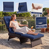 Folding wicker chaise lounge in navy features an adjustable backrest, slide-out ottoman, and washable cushion covers for outdoor comfort.