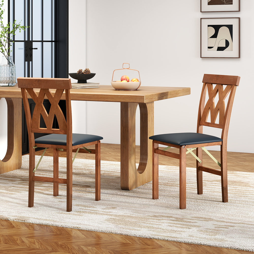 Folding Wooden Dining Chair Set of 2 Faux Leather Upholstered Kitchen Armless Chairs-Walnut - Gallery View 1 of 9