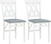 Set of 2 white folding wooden dining chairs with gray faux leather seats and X-shaped backrests for stylish comfort.