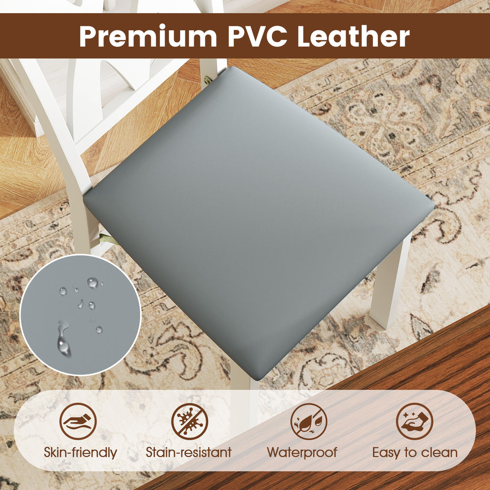 Close-up of a grey PVC leather seat on a folding wooden dining chair, waterproof and easy to clean for versatile use.