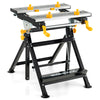 Folding work table in black with adjustable height, tiltable platform, and sliding clamps for versatile projects.