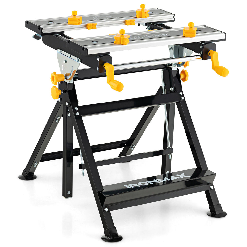 Folding work table in black with adjustable height, tiltable platform, and sliding clamps for versatile projects.