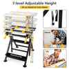 Folding work table with 7-level adjustable height and tiltable platform, ideal for versatile projects and easy storage.