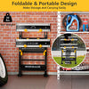 Folding work table with adjustable height and tiltable platform, featuring a portable design for easy storage and use.