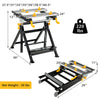 Folding work table with adjustable height, tiltable platform, and extendable tabletop for versatile projects.