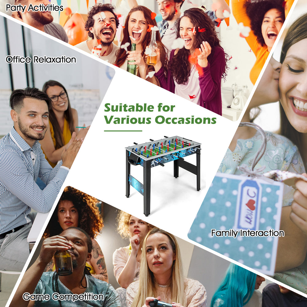 Stable soccer table game with two footballs, ideal for family interaction and office relaxation, promoting fun for all.