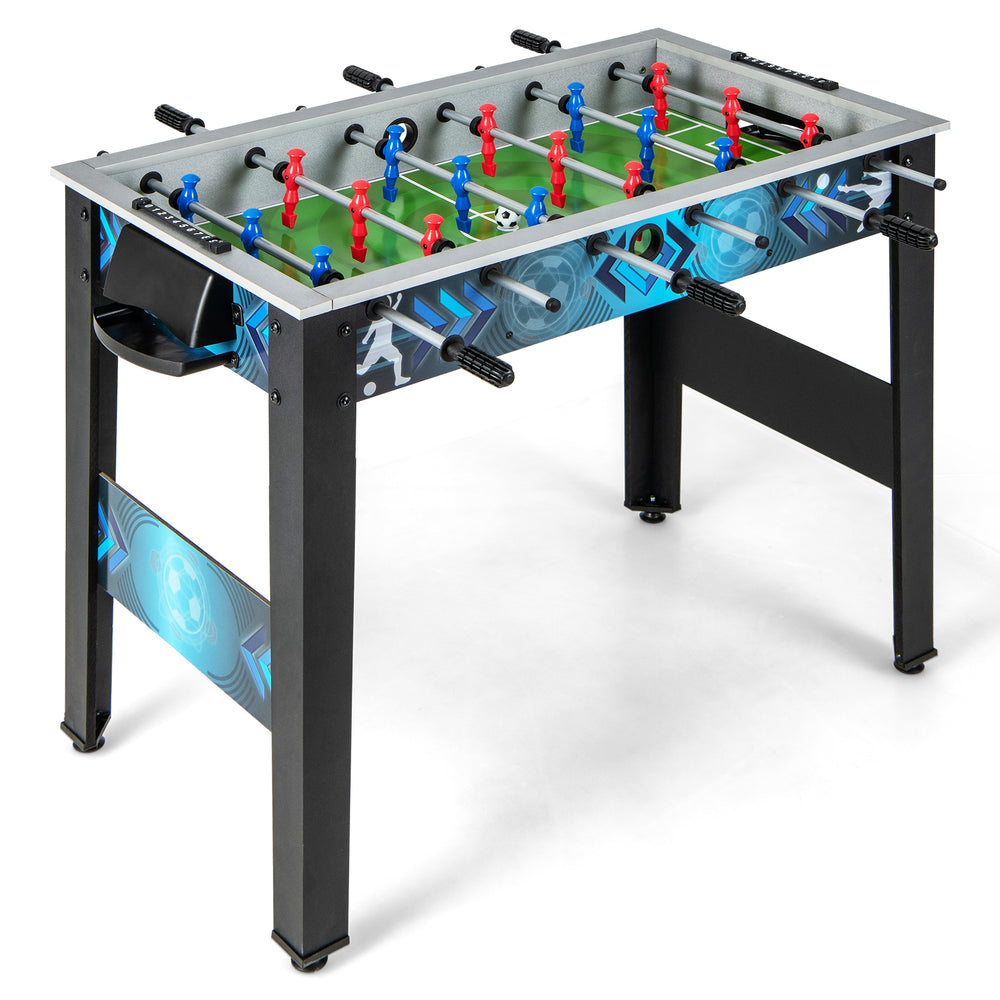 Stable soccer table game featuring red and blue players, sturdy construction, and smooth gameplay for all ages.