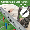 Close-up of the comfortable grip handle on a stable soccer table game, designed for better ball control during play.