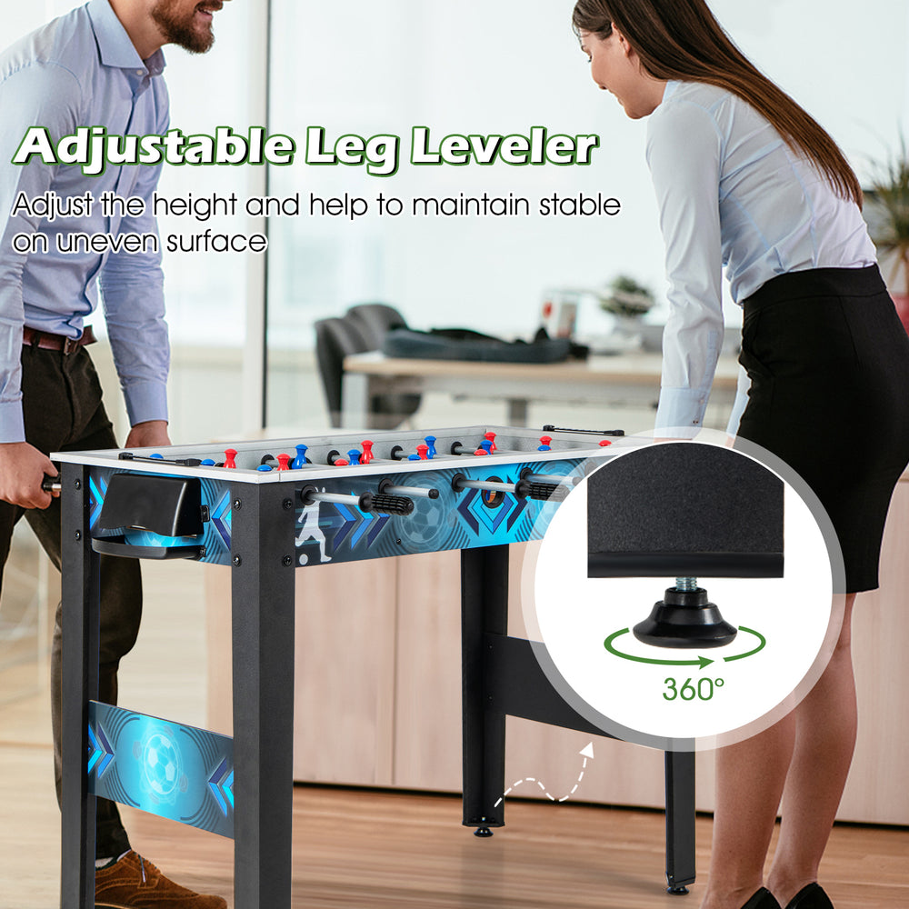 Adjustable leg leveler on a stable soccer table game, ensuring stability on uneven surfaces for all ages.