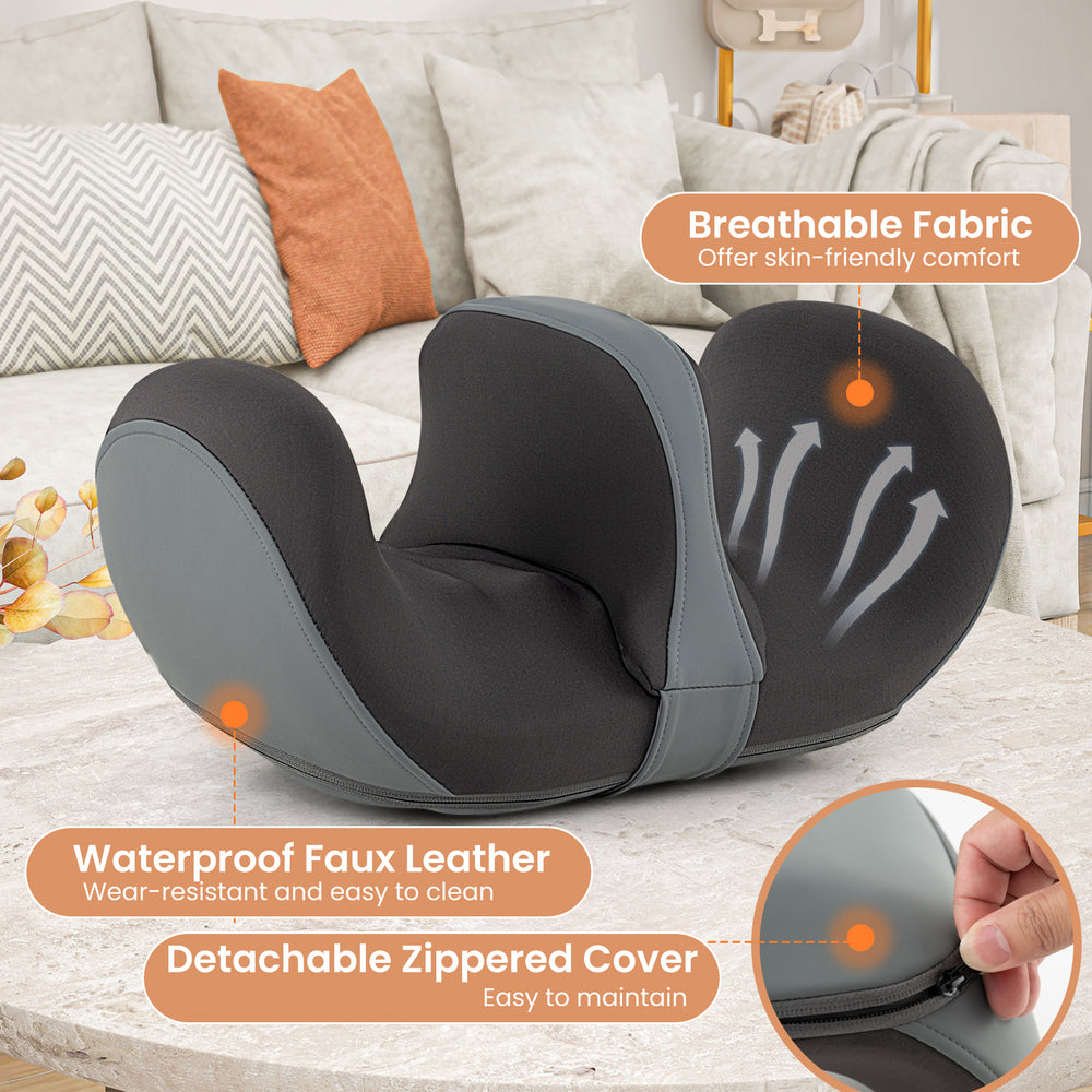 Foot and calf massager in gray with waterproof faux leather, offering kneading and heat for soothing muscle relief.