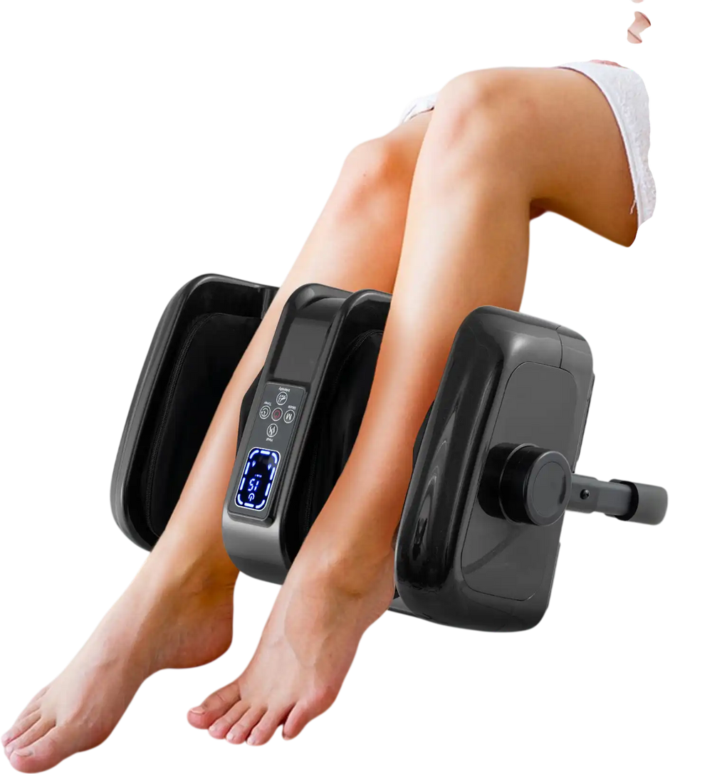 Foot and calf massager in black with LED panel, providing shiatsu and heat for muscle relaxation at home or office.