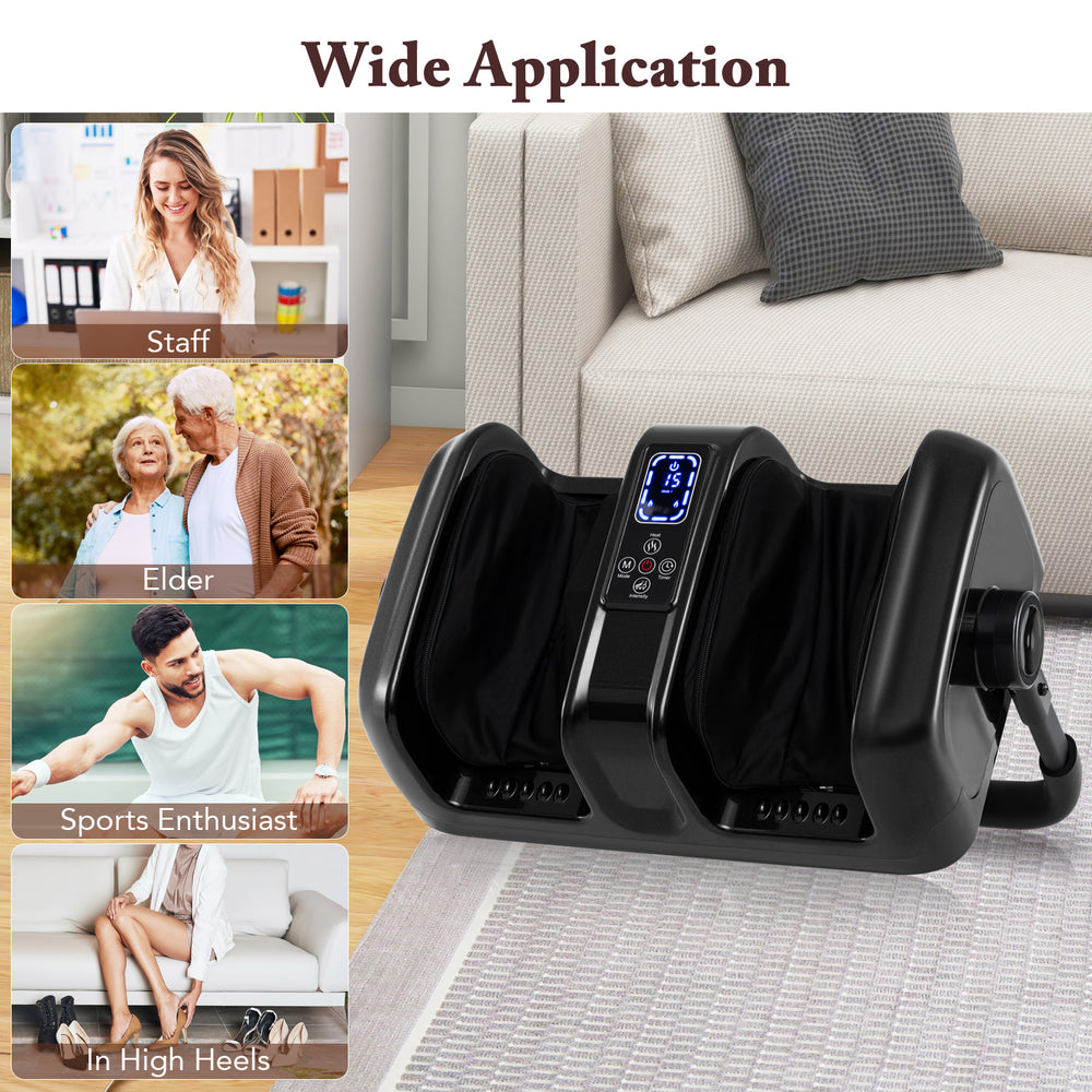 Foot and calf massager in black with heat, featuring a user-friendly LED panel for customizable relaxation at home or.