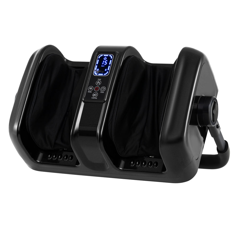Foot and calf massager in black with LED panel, offering shiatsu, heat, and customizable massage modes for relaxation.