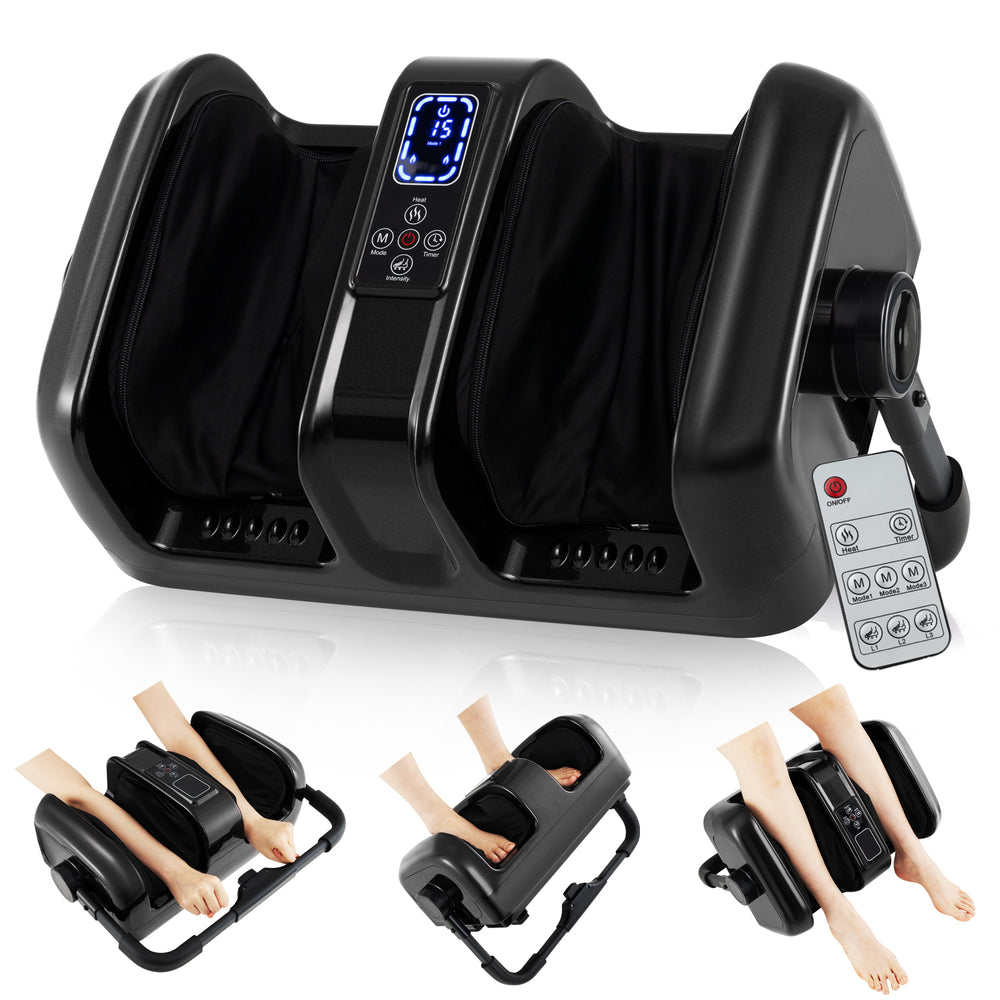 Foot and calf massager in black with remote, featuring shiatsu, heat, and customizable settings for relaxation.