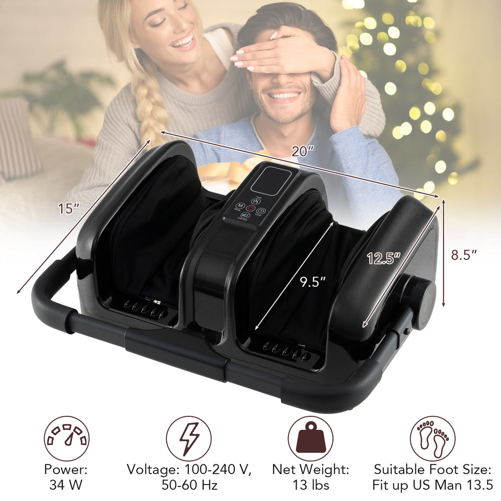 Foot and calf massager in black with LED panel, offering shiatsu and heat for relaxation at home or office.