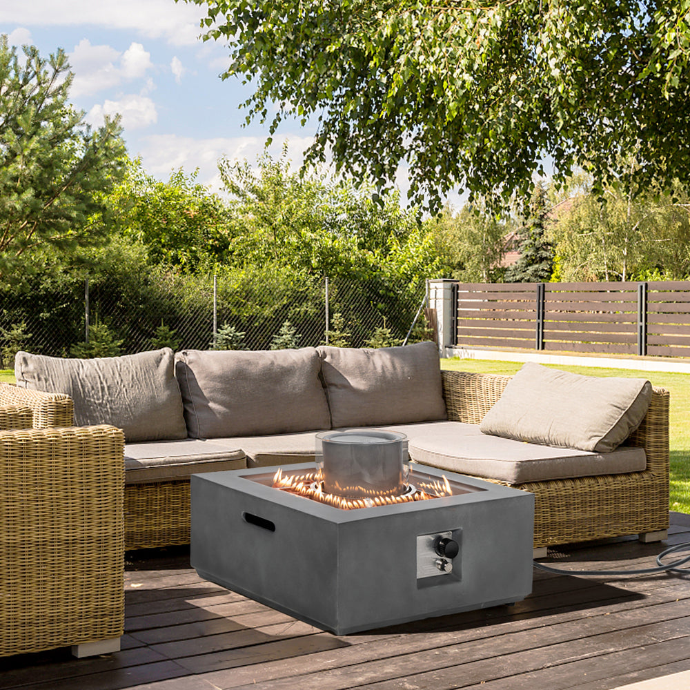 Square propane fire pit with fountain, 50,000 BTU, gray magnesium oxide, perfect for outdoor patio relaxation.