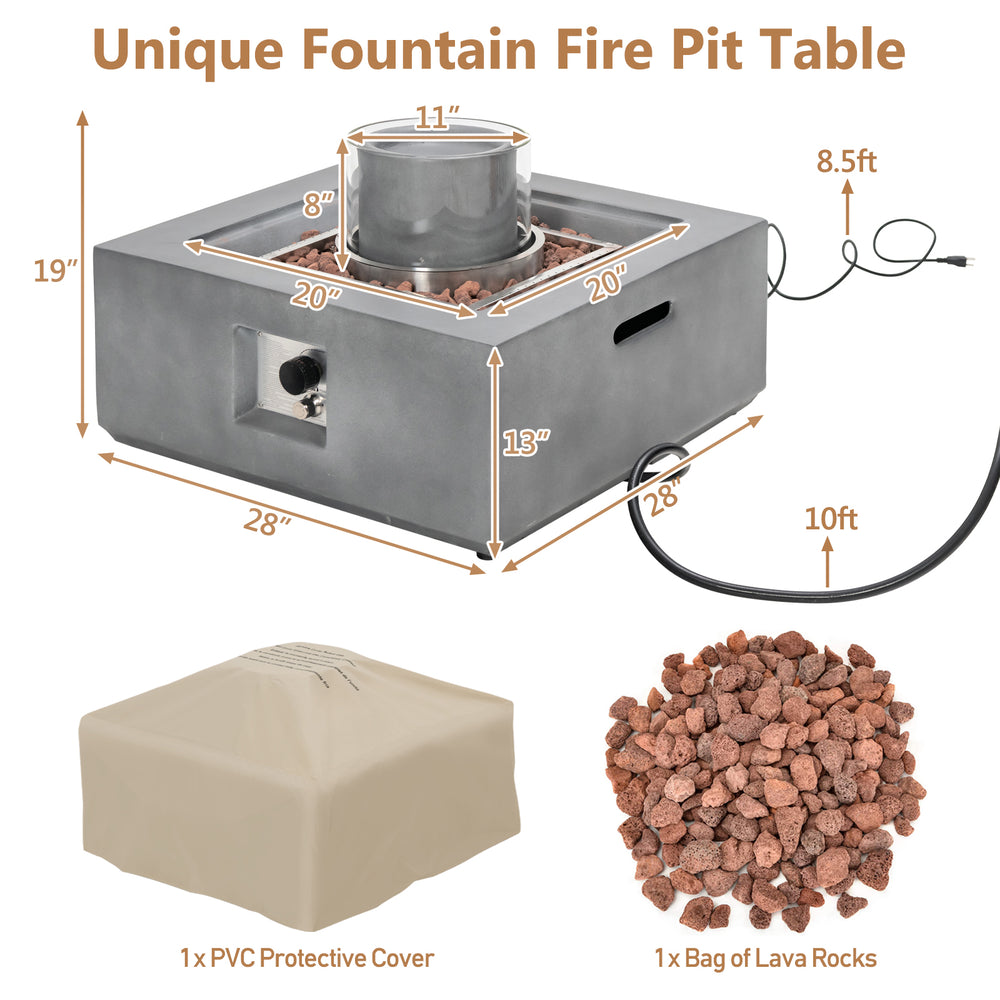 28-inch gray propane fire pit table with fountain, includes PVC cover and lava rocks, ideal for outdoor warmth and.