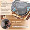 28-inch 50,000 BTU patio square propane fire pit with wind glass and lava rocks, ideal for outdoor warmth and ambiance.