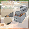 28-inch gray propane fire pit with PVC cover, featuring a fountain and lava rocks for outdoor warmth and elegance.