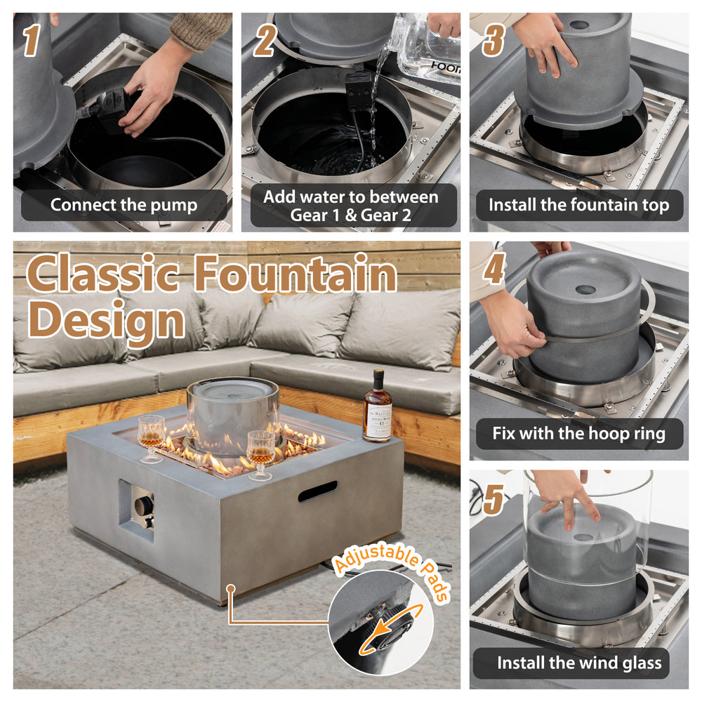 28-inch gray propane fire pit with fountain, lava rocks, and PVC cover, designed for outdoor elegance and warmth.