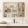 Frameless bathroom wall-mounted mirror cabinet with three mirrored doors and ample storage for cosmetics and toiletries.