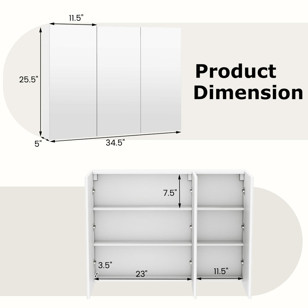 Frameless bathroom wall-mounted mirror cabinet dimensions with three mirrored doors and six storage compartments.