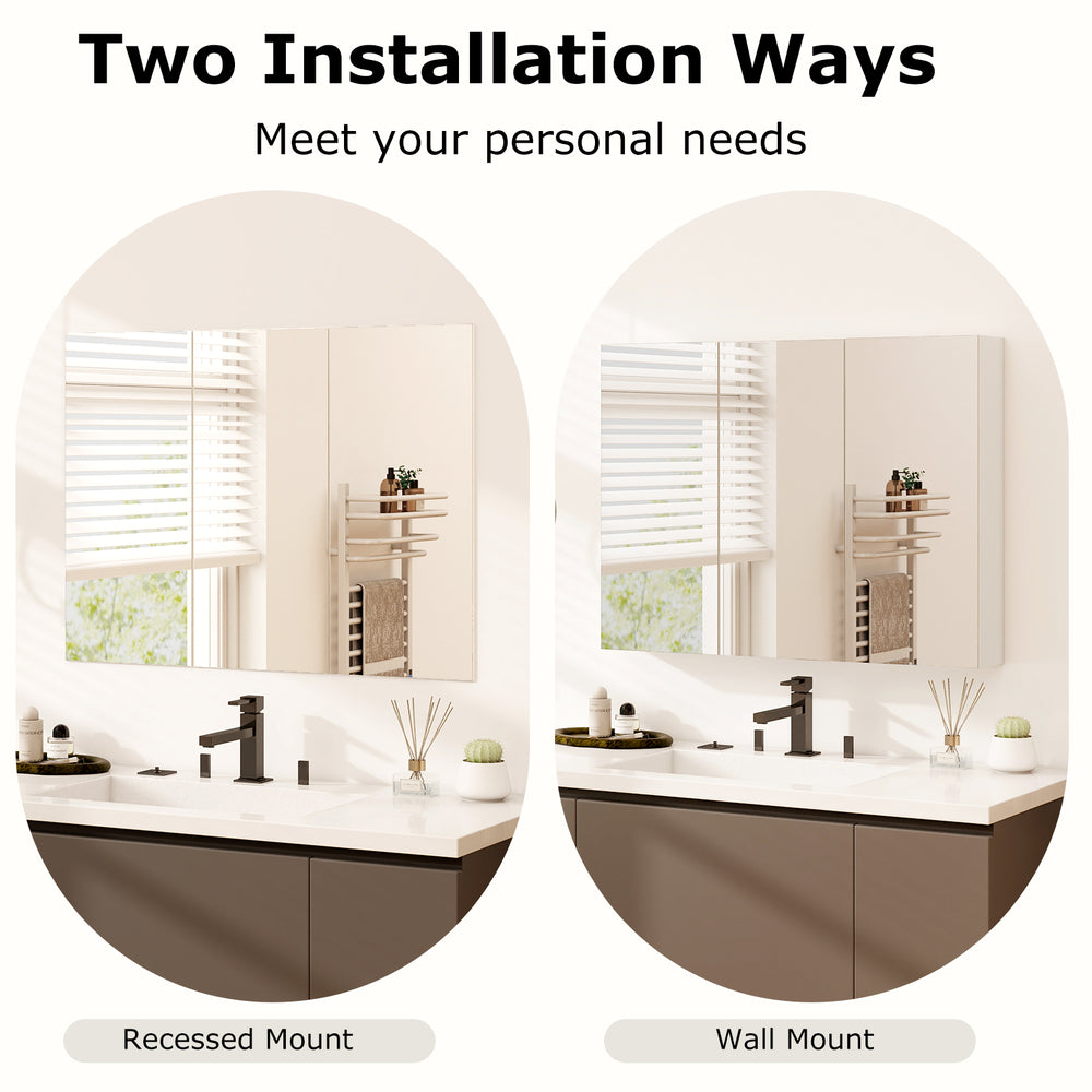 Frameless bathroom mirror cabinet shown in recessed and wall mount options, featuring three mirrored doors and ample.