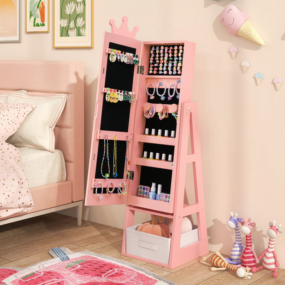 Free-standing pink kids jewelry armoire with full-length mirror and ample storage compartments for organized.